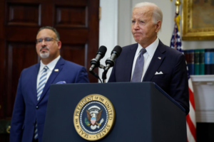 President Joe Biden is joined by Education Secretary Miguel Cardona. Chip Somodevilla/Getty Images
© Chip Somodevilla/Getty Images